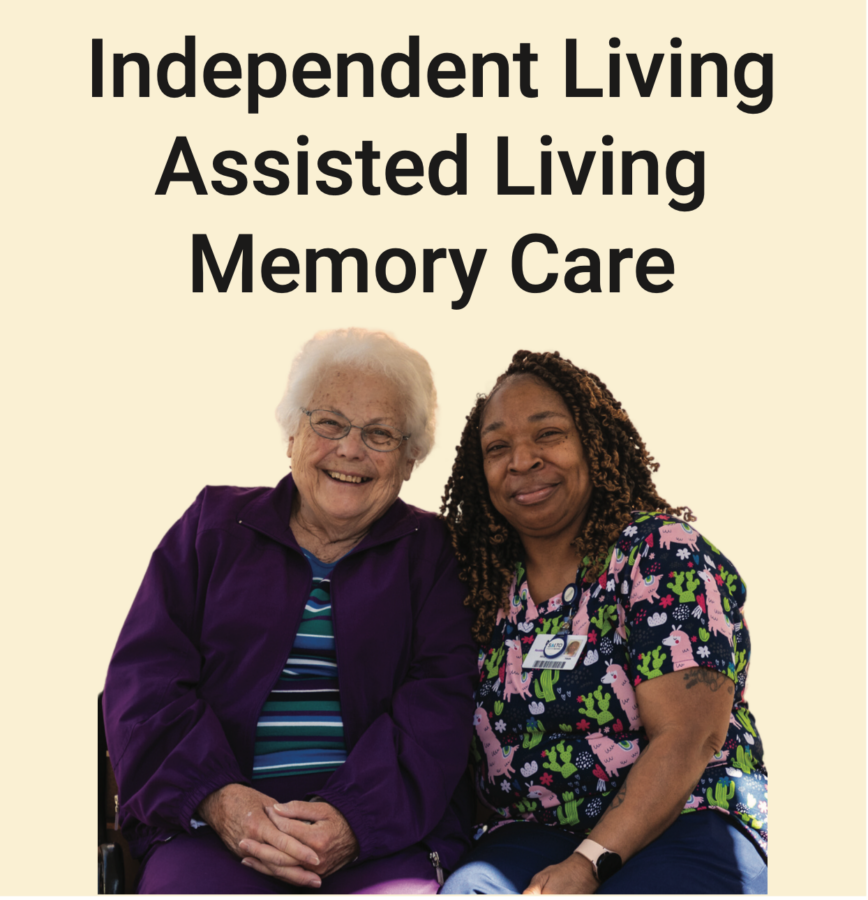 Two senior women independent living assisted living memory care