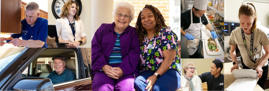 Happy senior adults and care staff together