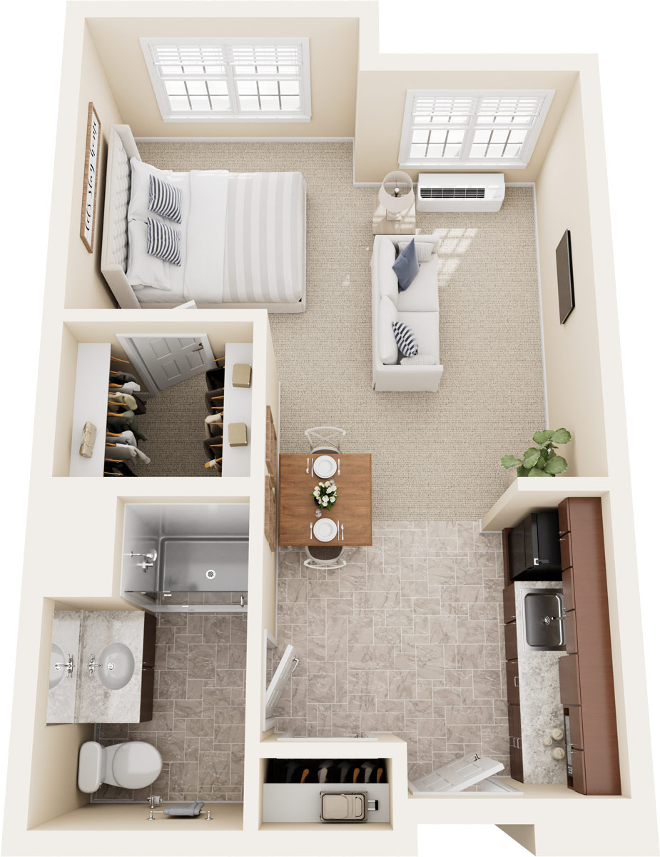 3D rendering of Laurel Way Memory Care Alcove Deluxe Apartment floor plan