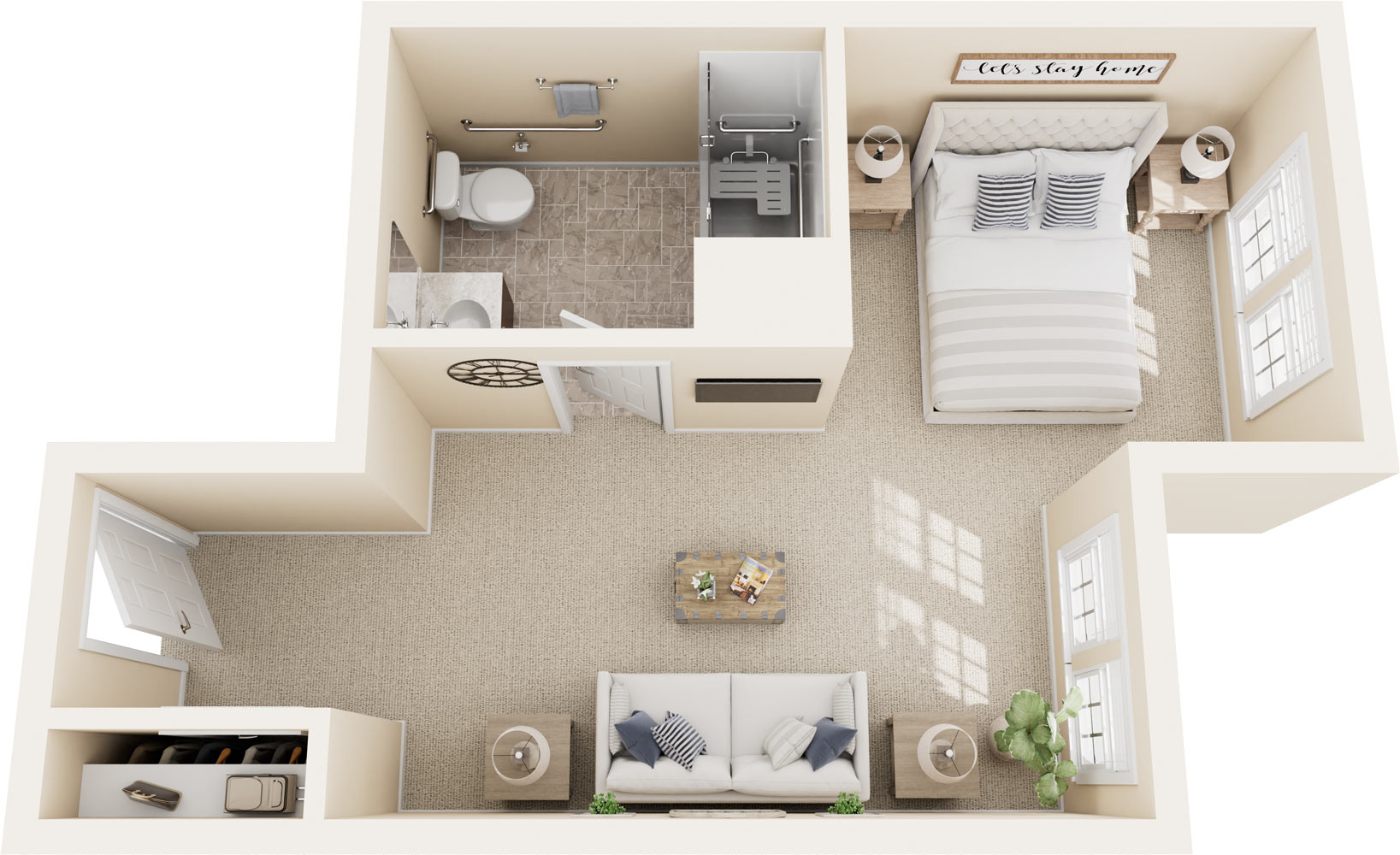 3D rendering of Laurel Way Memory Care Alcove Apartment floor plan