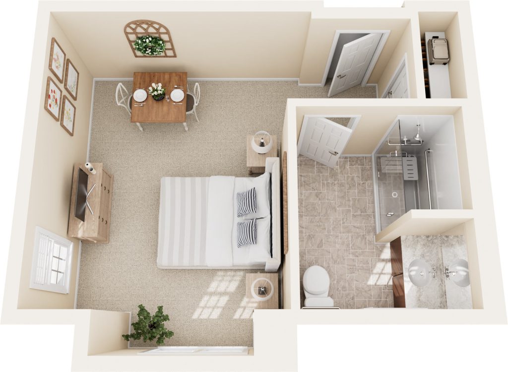 Studio apartment floor plan 3D rendering