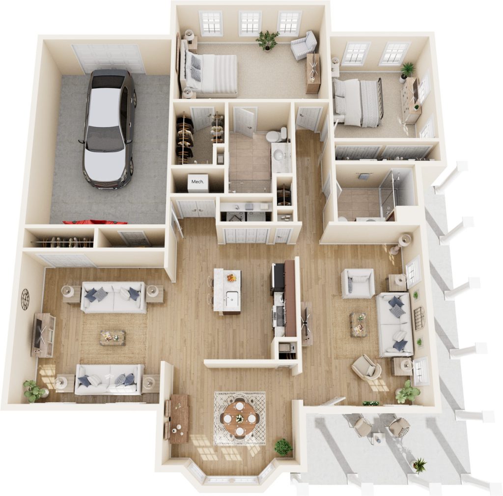 Floor-plan-Cottage-2-Bed-Select-Deluxe-Great-Rm Cottage floor plan 3D rendering